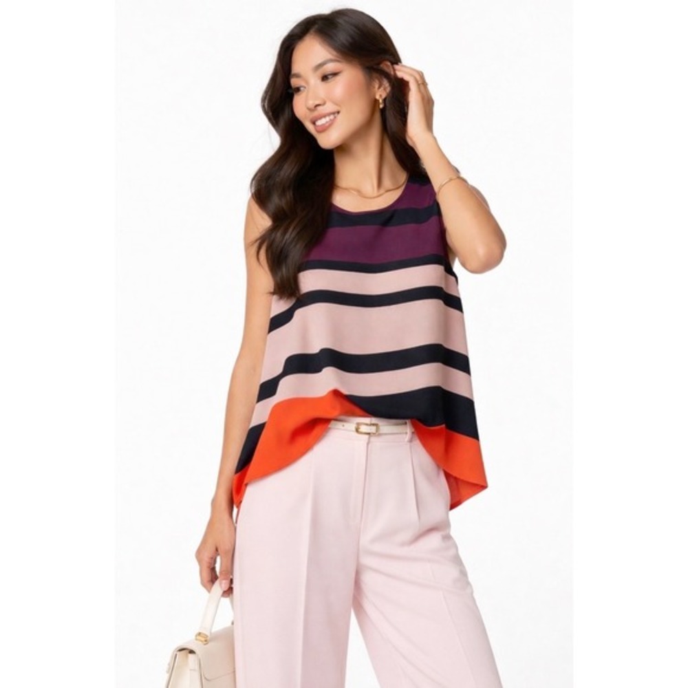Ann Taylor Striped Sleeveless Shell Top Purple Pink Orange Navy S Preppy 56-04